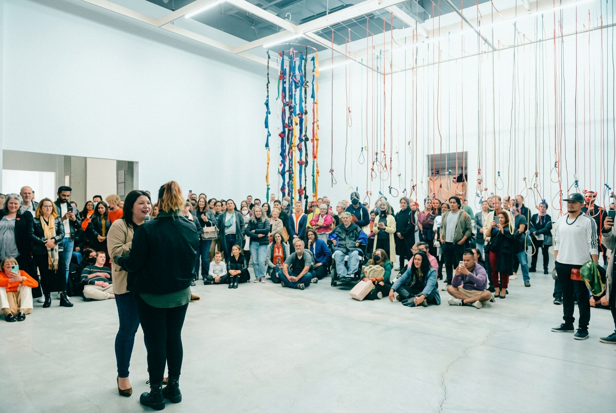 Artists speaking to a seated audience beneath a hanging fibre installation