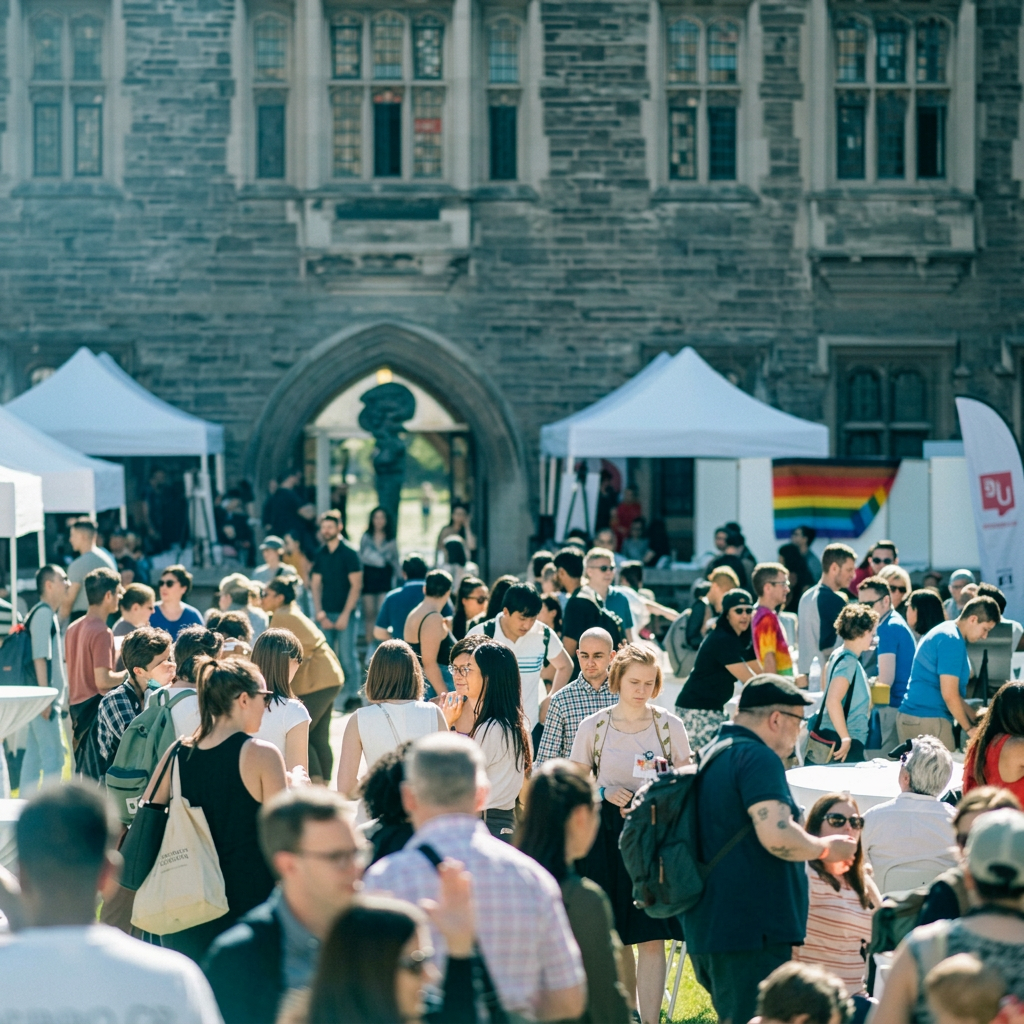 Busy outdoor campus arts fair with white tents in front of a stone building