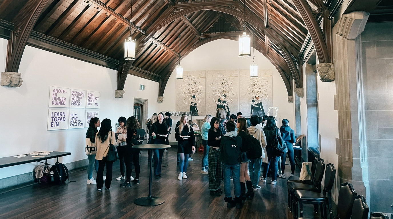 Students networking in a vaulted hall during the Alpha Arts Annual Art Conference 2025