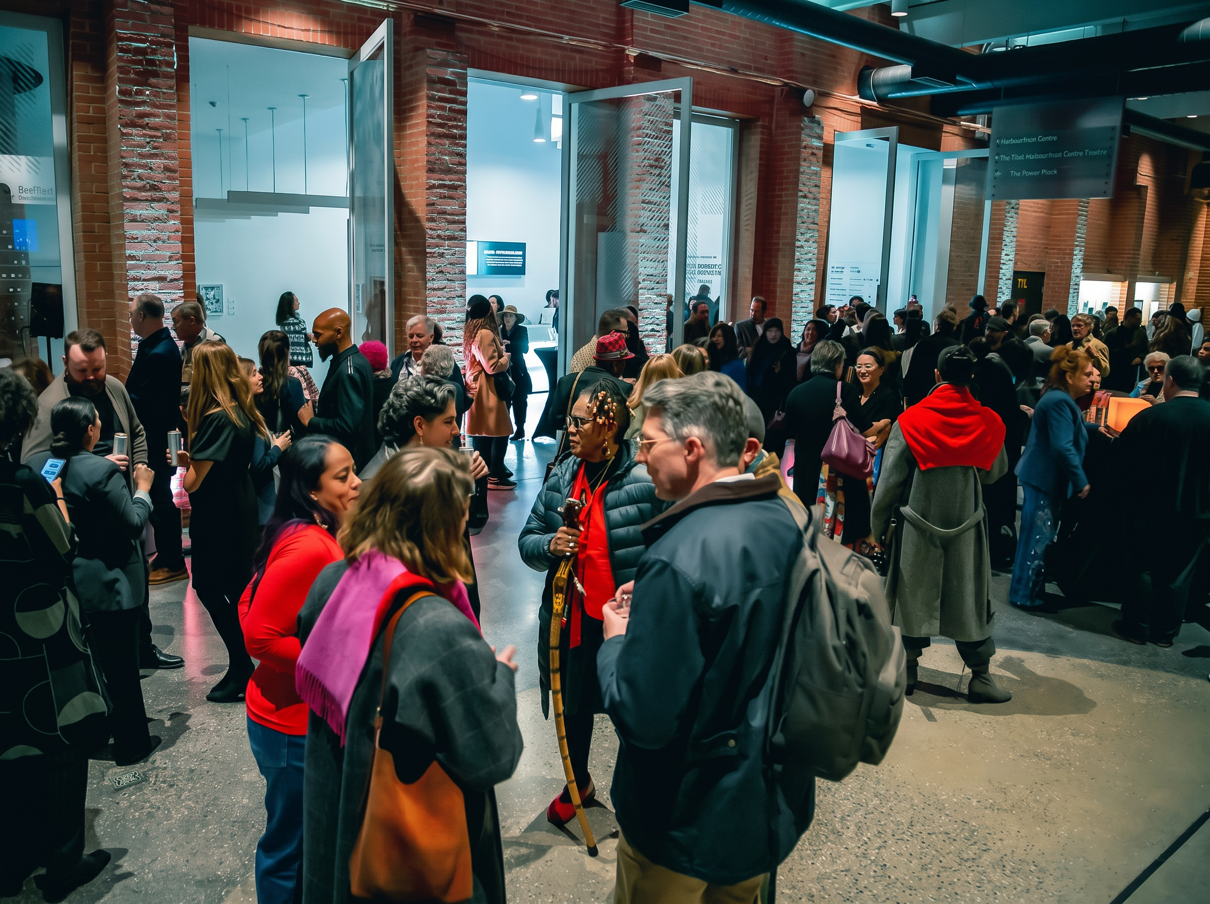Emerging artists mingling at a networking event in a contemporary gallery space
