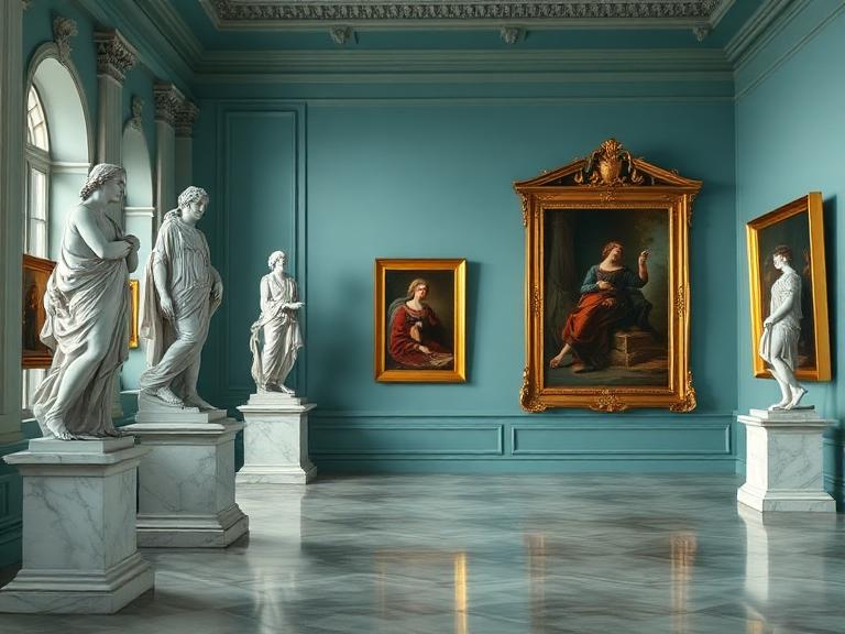 Museum gallery with classical sculptures and gilded paintings